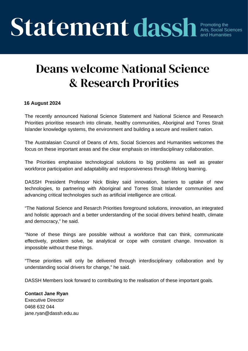 Deans of Arts, Social Sciences and Humanities (@audassh) on Twitter photo DASSH welcomes the newly announced Science and Research Priorities - it will take interdisciplinary collaboration to deliver the societal change needed to achieve them. <a href="/NickBisley/">Nick Bisley</a> DASSH welcomes the newly announced Science and Research Priorities - it will take interdisciplinary collaboration to deliver the societal change needed to achieve them. <a href="/NickBisley/">Nick Bisley</a>