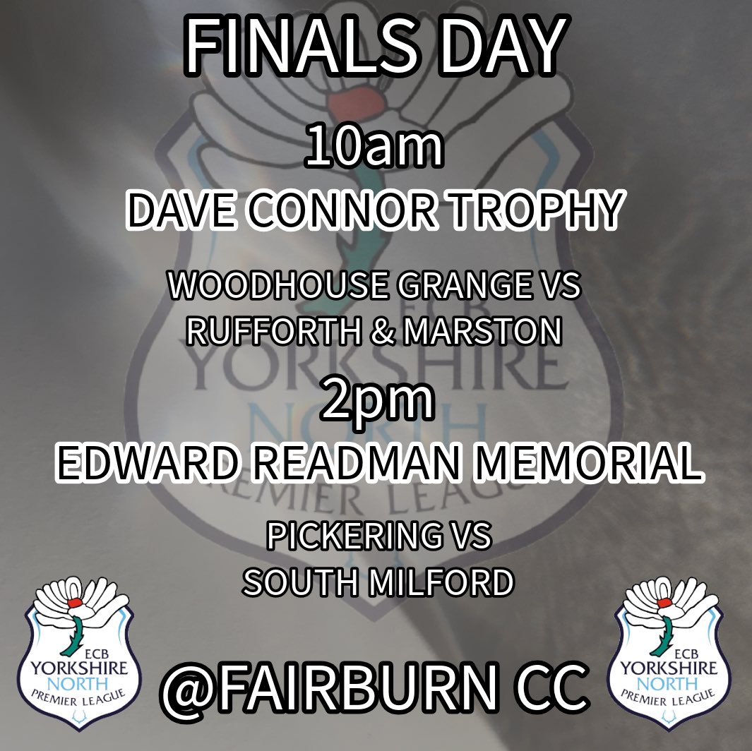 Yorkshire Premier League North (@yplncricket) on Twitter photo FINALS DAY ON SUNDAY!
This week sees <a href="/FairburnCC/">Fairburn CC</a> play hosts as the Dave Connor Trophy & Edward Readman Memorial both get played out from 10am.
Dave Connor Trophy (10am)
<a href="/WoodhouseGrange/">Woodhouse Grange Cricket Club</a> vs <a href="/RMBadgersCC/">Rufforth and Marston CC</a>
Edward Readman Memorial (2pm)
<a href="/cc_pickering/">Pickering CC</a> vs <a href="/southmilfordcc/">South Milford CC</a> FINALS DAY ON SUNDAY!
This week sees <a href="/FairburnCC/">Fairburn CC</a> play hosts as the Dave Connor Trophy & Edward Readman Memorial both get played out from 10am.
Dave Connor Trophy (10am)
<a href="/WoodhouseGrange/">Woodhouse Grange Cricket Club</a> vs <a href="/RMBadgersCC/">Rufforth and Marston CC</a>
Edward Readman Memorial (2pm)
<a href="/cc_pickering/">Pickering CC</a> vs <a href="/southmilfordcc/">South Milford CC</a>