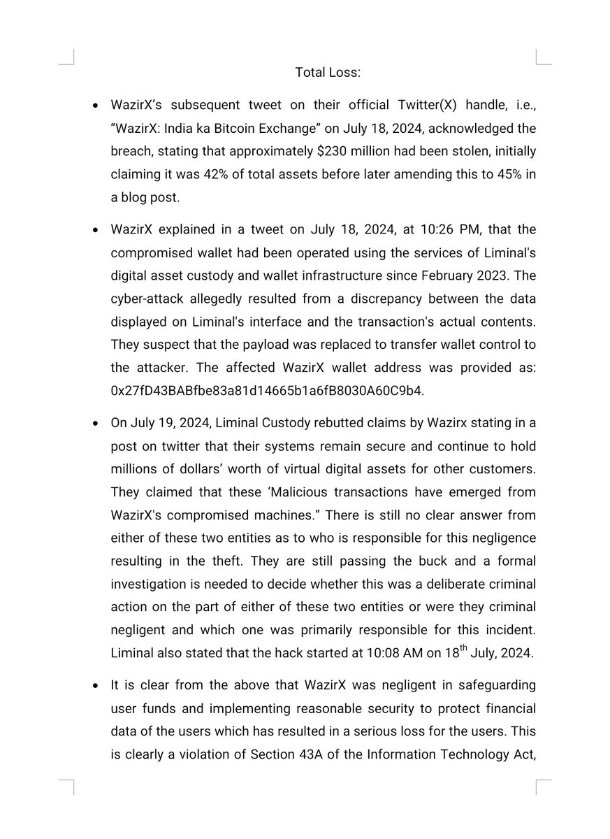 IndiasCrypto's tweet photo. FIR complaint draft against #WazirX, @binance and @liminalcustody

Go to telegram https://t.co/7j6xAvFR8X and access the editable draft. Modify it as needed and submit it to the nearest police station. For any doubts, join our Space on Sunday at 1 PM. 

We need at least 200 FIR for seeking justice.