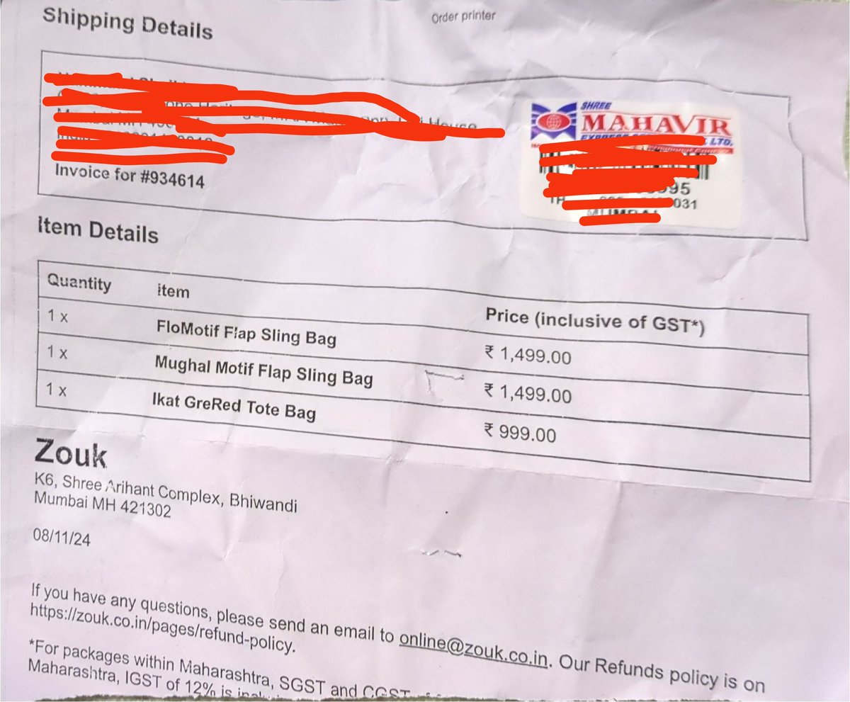 HammaadSheikh's tweet photo. @zoukbrand I've been ghosted by your team on mail and I'm tired of talking on WhatsApp with a bot.

I ordered 3 items from Zouk.

However, both the sling bags are missing!!!🤦🏻‍♂️

The invoice on the parcel sent is for 3 items but the parcel had one tote bag.

Order ID - #934614. https://t.co/r0jHlODiOw