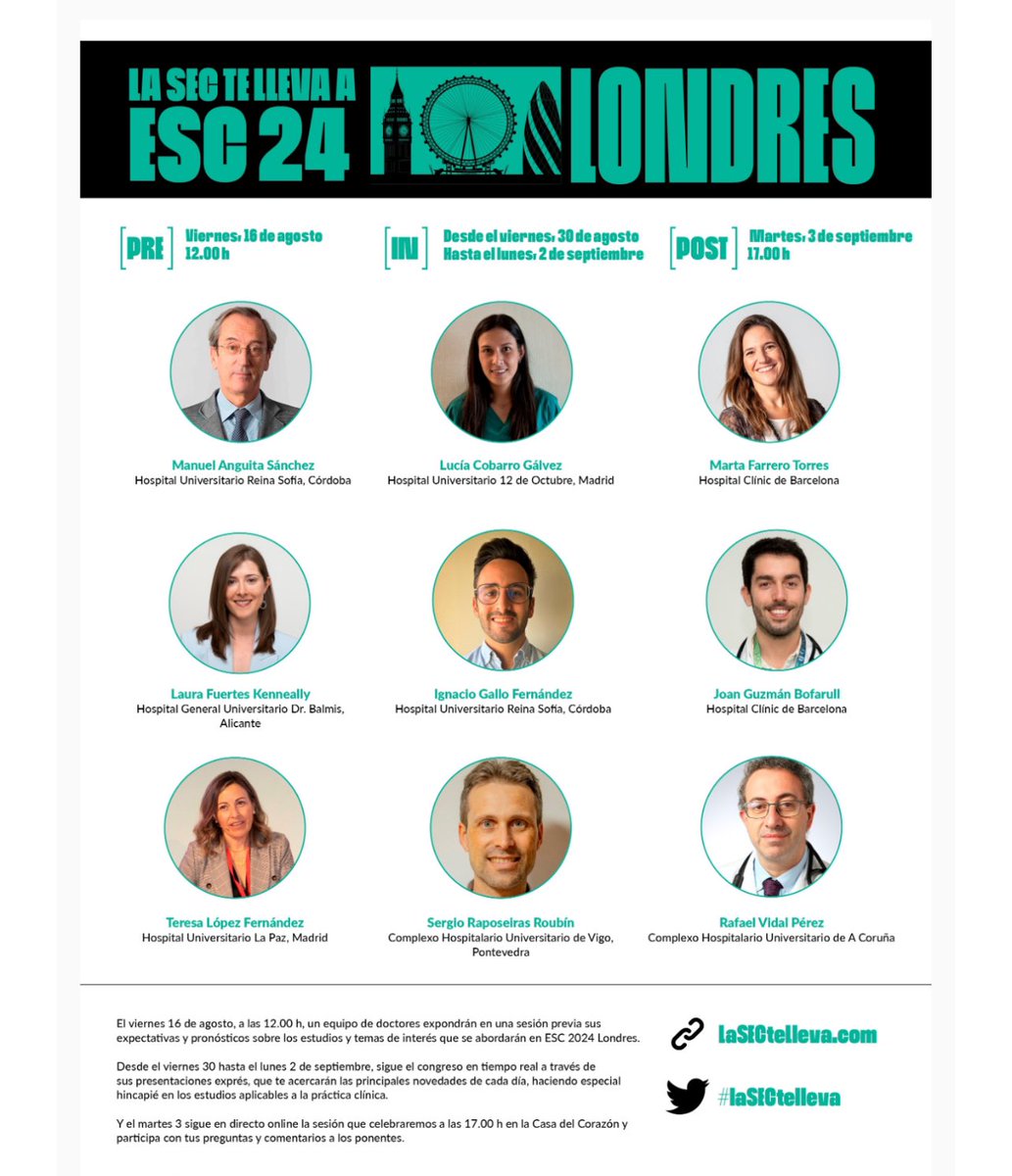 #LaSECtelleva hoy a las 12 horas a repasar los estudios más relevantes y las nuevas guías que se presentarán en #ESC24
¿Cambiará nuestra práctica clínica después de este congreso?
Conéctate👇🏽con tus claves

lasectelleva.secardiologia.es/esc-24