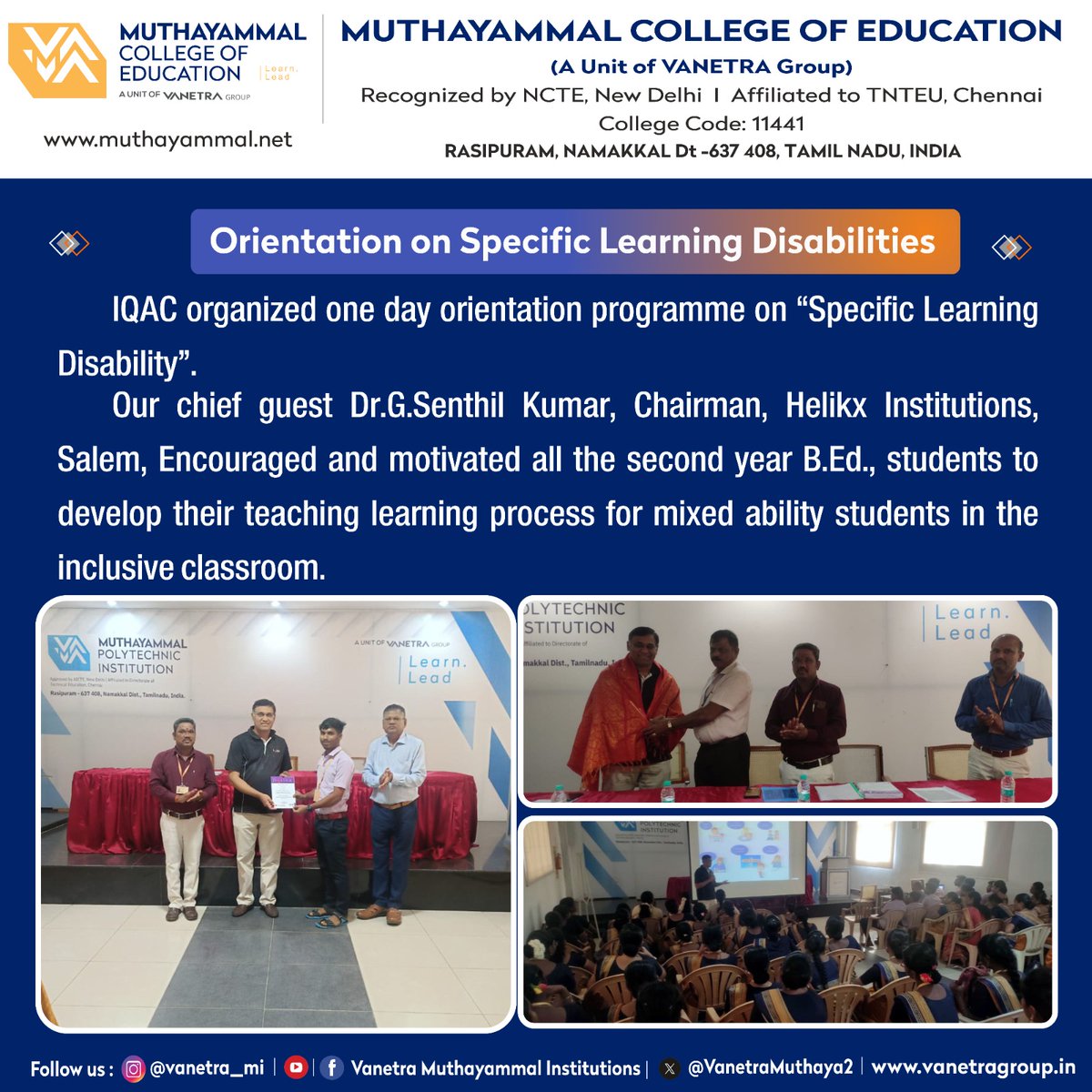 VanetraMuthaya2's tweet photo. ๐๐ Orientation on "Specific Learning Disability" ๐๐
Internal Quality Assurance Cell (IQAC) at Muthayammal College of Education recently organized a One-Day Orientation Programme on "Specific Learning Disability."
#IQAC #LearningDisabilities #Education #BEdProgram https://t.co/t4pYKAfOjW