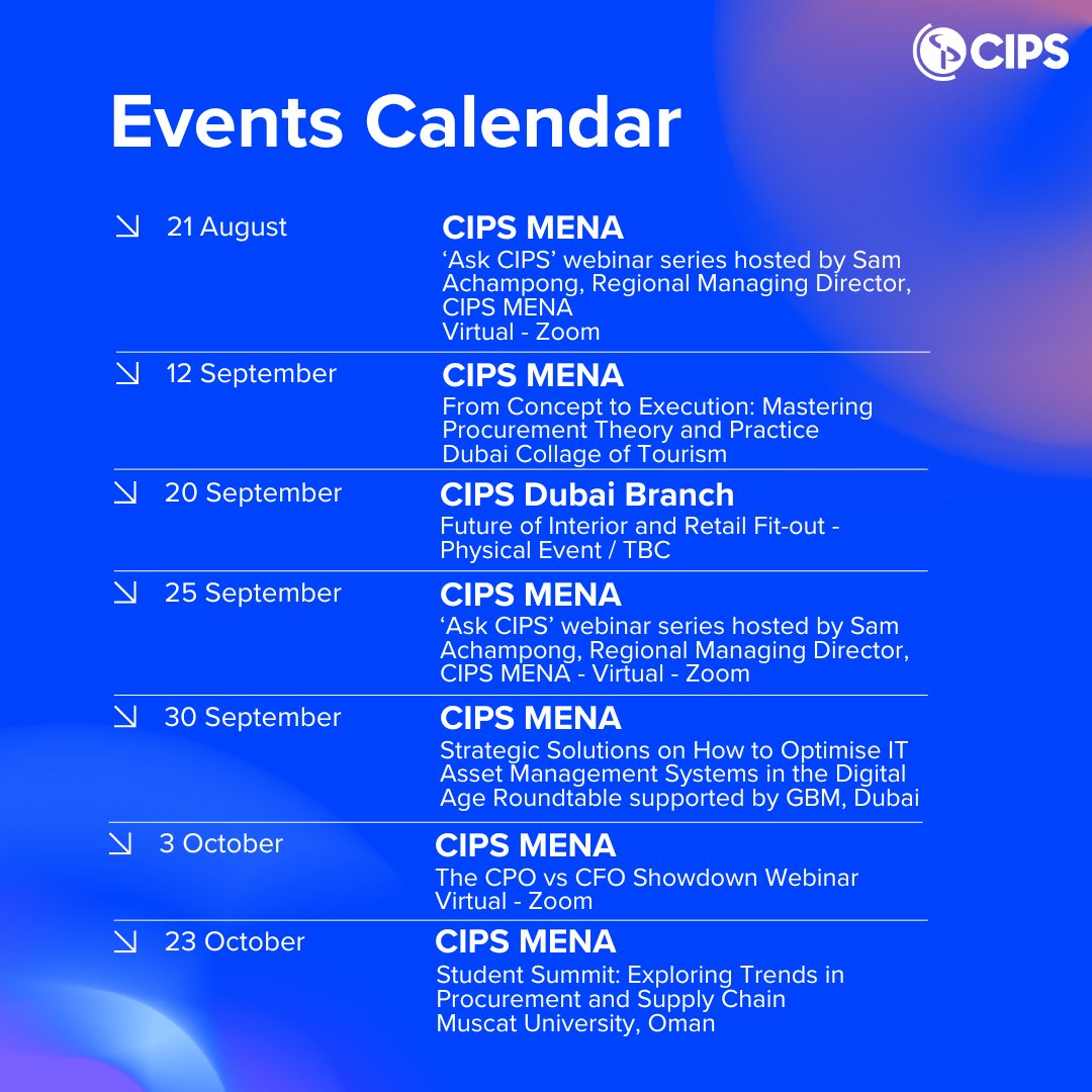 CIPSMENA's tweet photo. Introducing our latest CIPS MENA events calendar, featuring upcoming engagements in-person & online ๐
P.S. we will be updating this post live with the registration links over the coming days.
#CIPSMENA #EventsCalendar #ProcurementEvent #SavetheDate https://t.co/wC35rMmTck