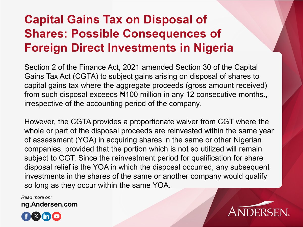 AndersenNigeria's tweet image. Overview of changes in the Capital Gains Tax regime by the Finance Act, 2021. Understand how it impacts the disposal of shares and more: ng.andersen.com/capital-gains-…

#CapitalGainsTax #FinanceAct2021 #TaxUpdates #TaxReform #Investment #Finance #Nigeria #Economy