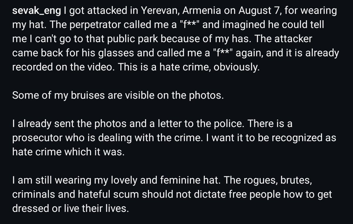 Transgen1Global's tweet photo. In Armenia a person from the LGBTQ community became a victim of a hate crime. https://t.co/7eoGjEXLeR