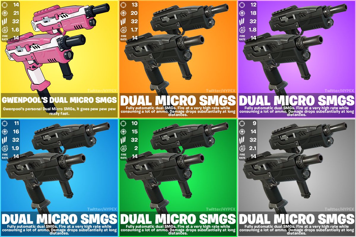 HYPEX's tweet photo. NEW DUAL SMGS STATS 🔥

[Thanks @SpushFNBR &amp; @Loolo_WRLD for the help] https://t.co/87yuaPAyNy