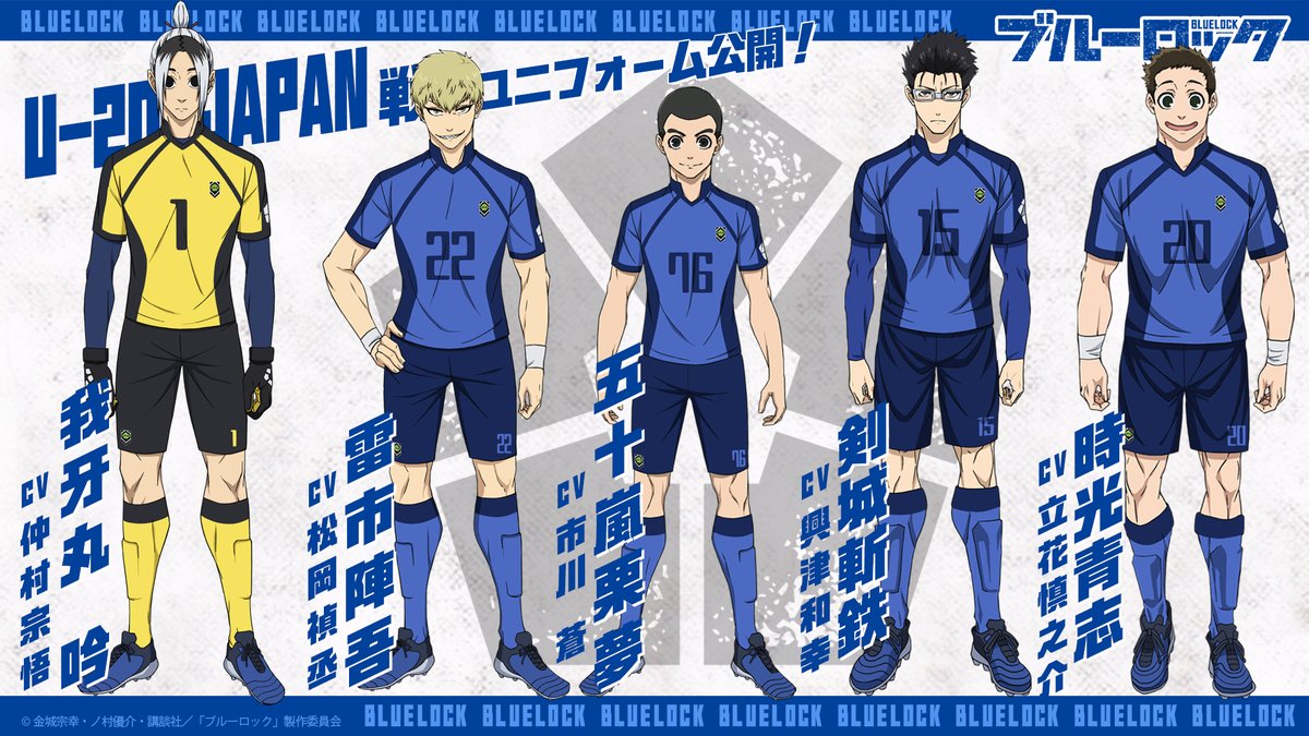 BLUELOCK_PR's tweet photo. ◤　　　　　　　 　　　 ◥
🔥⚔#ブルーロック⚽⛓
📢📝新衣装紹介④📝📢
◣　　　　　　　 　　　 ◢

“ブルーロック(青い監獄)”メンバーのU-20 JAPAN戦ユニフォーム姿を公開‼

我牙丸 吟:#仲村宗悟
雷市陣吾:#松岡禎丞
五十嵐栗夢:#市川蒼
剣城斬鉄:#興津和幸
時光青志:#立花慎之介

#エゴい https://t.co/nsdn1pWy4P