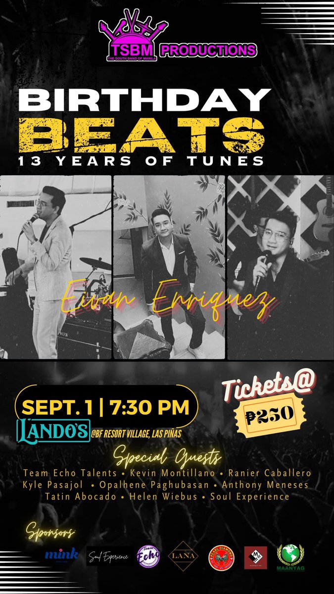 EivanEnriquez's tweet photo. Hi! Please join me as I celebrate my 28th Birthday and my 13th year in the band/music industry at Lando’s Bar this coming Sept.1, 2024! ✨

My closest friends will also perform for this show. (see poster for their names)

Ticket prize for only 250php! 1 ticket = 1 raffle entry. https://t.co/muKdx7lIvv