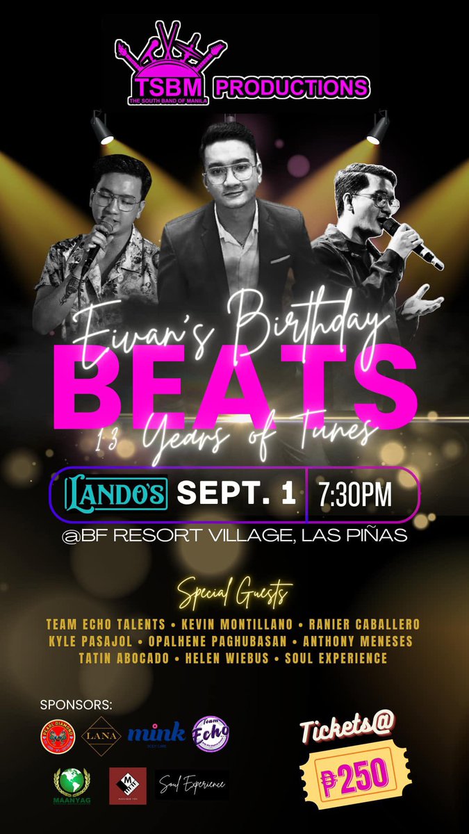 EivanEnriquez's tweet photo. Hi! Please join me as I celebrate my 28th Birthday and my 13th year in the band/music industry at Lando’s Bar this coming Sept.1, 2024! ✨

My closest friends will also perform for this show. (see poster for their names)

Ticket prize for only 250php! 1 ticket = 1 raffle entry. https://t.co/muKdx7lIvv