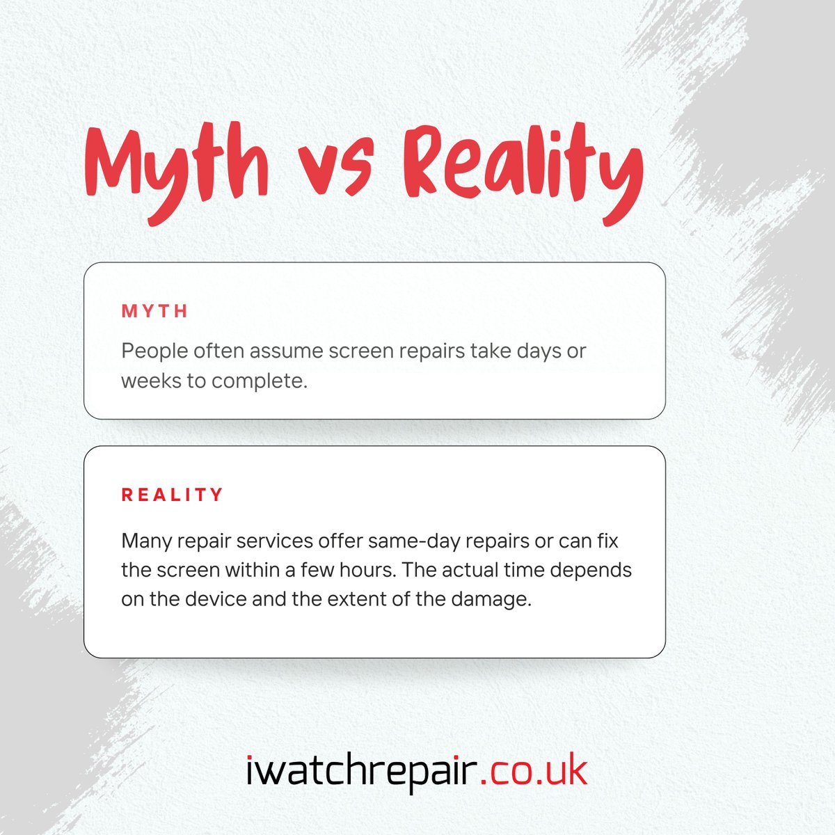 i_watchrepair's tweet image. Think screen repairs take forever? Think again! 🚀 Many services offer same-day repairs or can fix your screen within hours. Get back to using your device sooner than you think. ⏱️ 

#MythVsReality #QuickRepairs #iWatchRepair