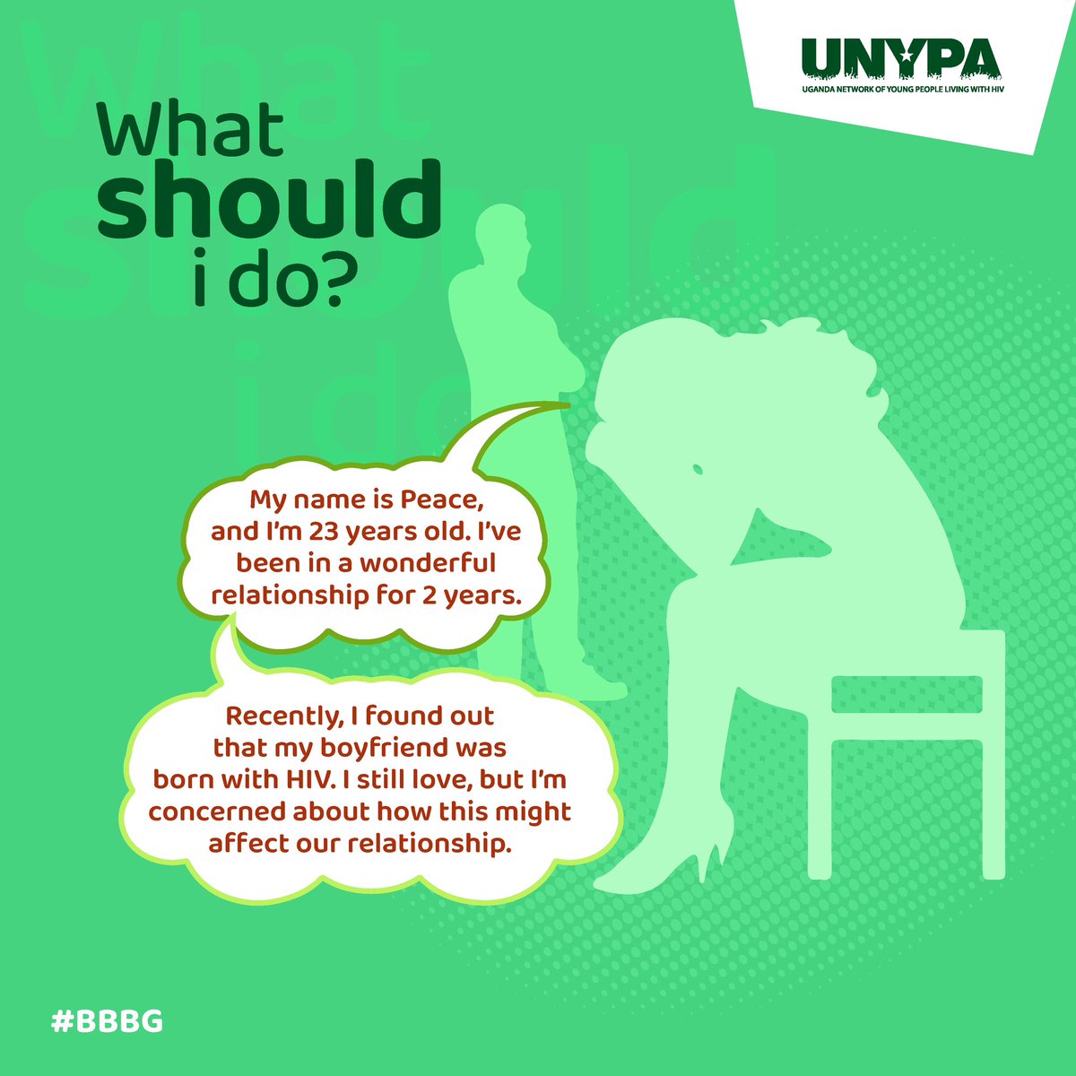UNYPA1's tweet photo. Hey everyone, 

My name is Peace, and I’m 23 years old. I’ve been in a wonderful relationship for 2 years. Recently, I found out that my boyfriend was born with HIV. I still love, but I’m concerned about how this might affect our relationship.

What should I do?

#BBBG https://t.co/tQRtYfdAAB