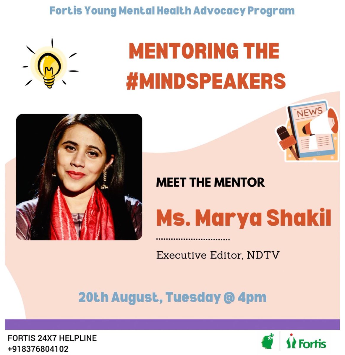 Fortis Young Mental Health Advocacy Program- Batch of 2024 presents- 
‘Mentoring the #MindSpeakers’ with #mentor <a href="/maryashakil/">Marya Shakil</a>- a special session for young mental health advocates.

20th August, Tuesday 4pm 

#Mentalhealth #Advocacy
#mindspace 
<a href="/dr_samirparikh/">Dr. Samir Parikh 🇮🇳</a>
