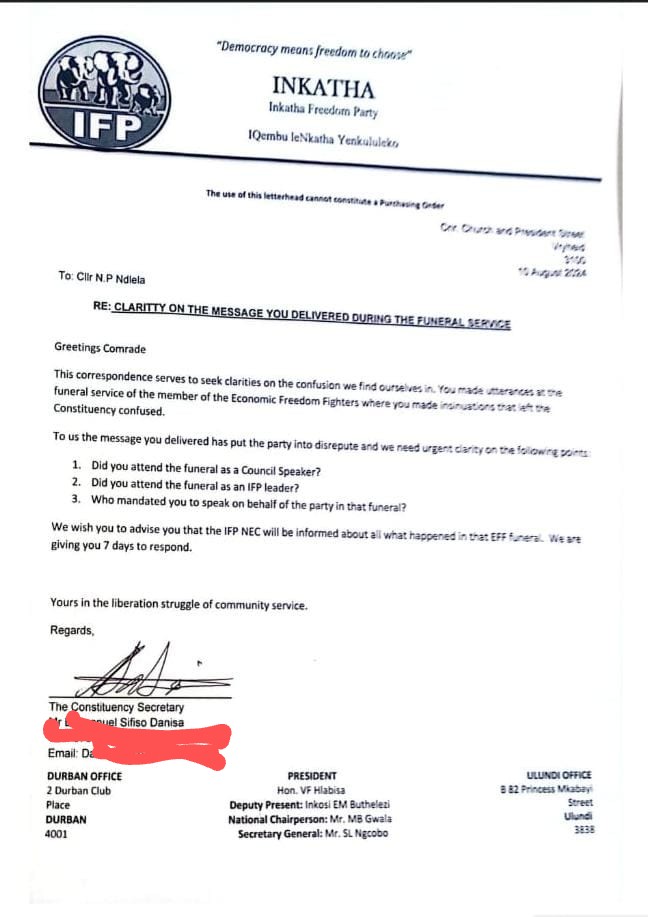 ZANewsFlash's tweet photo. UPDATE: The Speaker of Abaqulusi (Vryheid) Local Municipality, Nonkululeko Ndlela, is in the firing line following comments she made at a funeral of an assassinated whistleblower and EFF activists in Mondlo in northern KwaZulu-Natal. 

Ndlela allegedly told the funeral that nepotism is rife in IFP-run municipalities like Abaqulusi and Zululand district municipality, but it rarely gets attention because they are in rural areas. 

She reportedly also alleged corruption and other shenanigans are rife in these municipalities. 

The IFP has since written to her to explain the comments by Sunday and in what capacity she attended the funeral of Zwane, who was once a member of the party before joining the EFF. @ScrollaAfrica