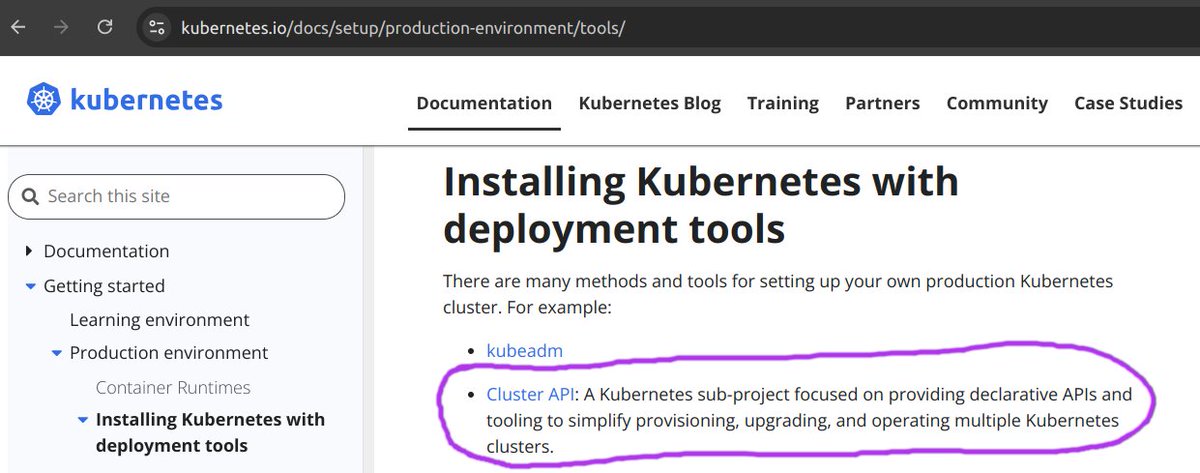 guettli's tweet image. 🎉🎉🎉 My PR to the Kubernetes docs was merged, now Cluster-API comes directly after `kubeadm` on the official "Installing Kubernetes with deployment tools" page.
kubernetes.io/docs/setup/pro…
#Kubernetes #ClusterAPI