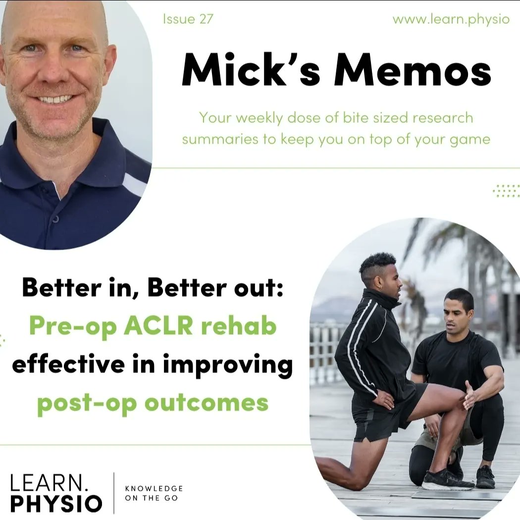 Pre-op ACL Rehab: It's not a waste of time ⏳

This week's Mick's Memos highlight 2 great papers that show the benefits of rehab before planned ACL surgery 

Click the link below for these 2 summaries &amp; full text papers 👇🏼
learn.physio/p/micks-memos

🟢 learn.physio 🟢