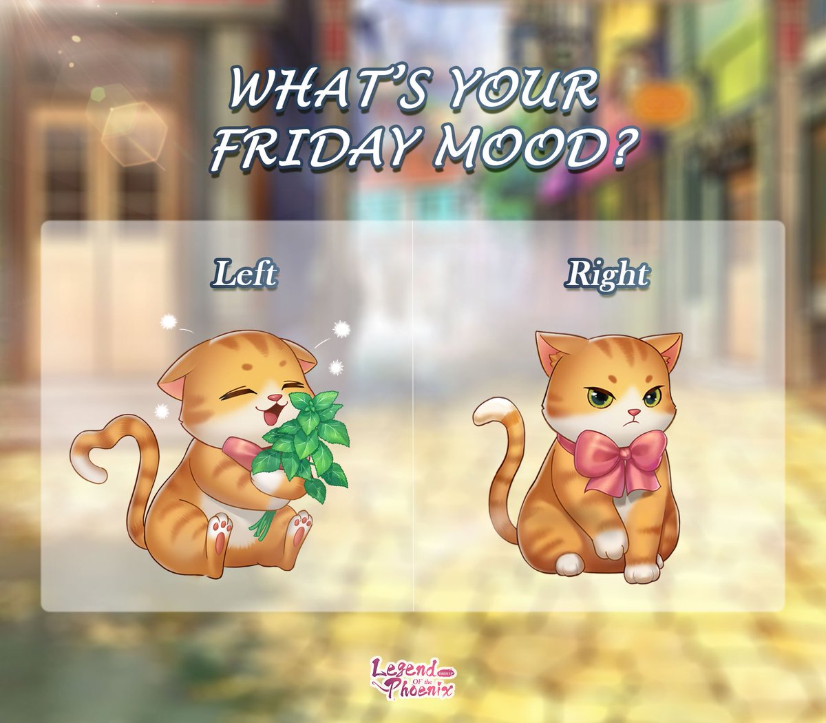 LOTPGAME's tweet photo. It's Friday then! Tomorrow is weekend!
How do you feel?
What's your Friday mood? Left or right? Why?
Share anything you want with Orange Meow in the comment area!
#Legendofthephoenix #love #harem #game #outfit #fashion #palace #lovestory #event #weekend https://t.co/4LYKsfrJOS
