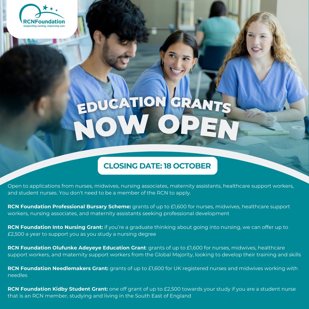 Are you looking for funding to support your professional development? RCN Foundation education grants are now open!

💻 Find out what grants are available
🗓️ Deadline: 5pm on 18 October
👉 Apply now bit.ly/3LOBroe

#education #grant #careerdevelopment