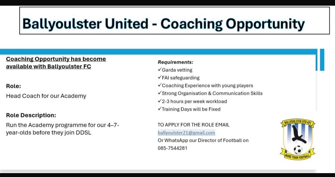 Ballyoulster United AFC (@ballyoulsterafc) on Twitter photo 🚨🚨
We’re on the lookout for a new Head Coach for our Academy 🔵⚪️⚽️
Contact <a href="/gavkinsey/">Gavin Kinsella</a> if you’re interested or for more information!
<a href="/DDSL_Official/">DDSL Grassroots</a> 🚨🚨
We’re on the lookout for a new Head Coach for our Academy 🔵⚪️⚽️
Contact <a href="/gavkinsey/">Gavin Kinsella</a> if you’re interested or for more information!
<a href="/DDSL_Official/">DDSL Grassroots</a>