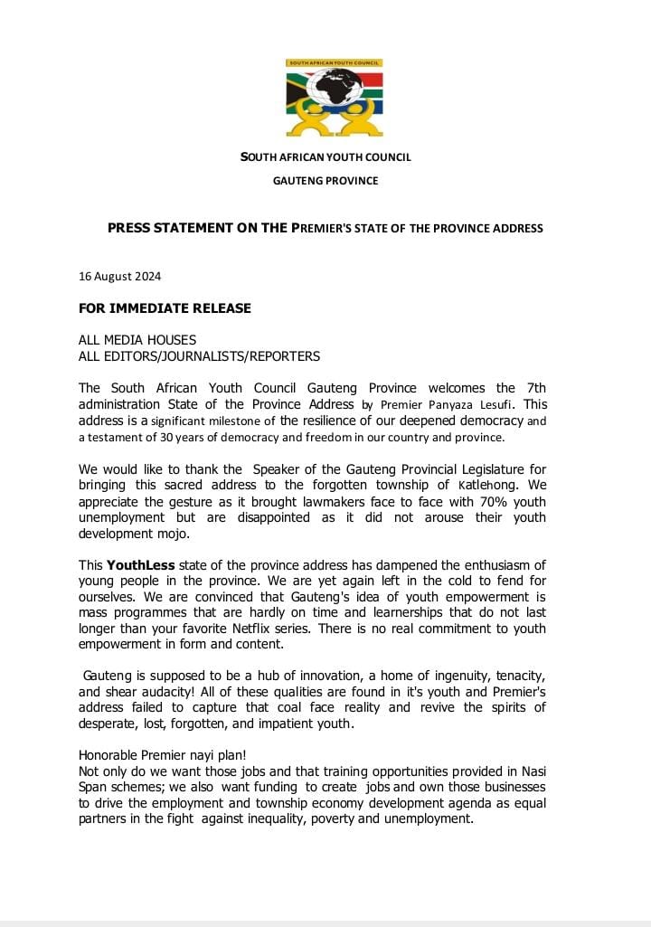 BMkhabele's tweet photo. Below is the  south African youth council Gauteng statement on the state of the province address 
#YouthLess 
#GPSOPA2024 https://t.co/SVhQL69zPX