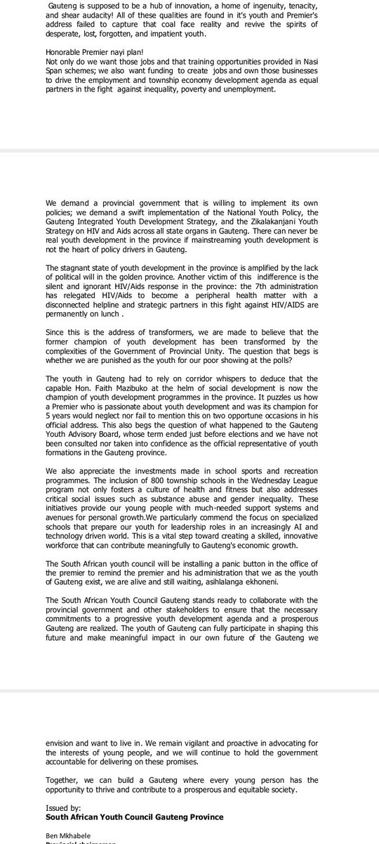 BMkhabele's tweet photo. Below is the  south African youth council Gauteng statement on the state of the province address 
#YouthLess 
#GPSOPA2024 https://t.co/SVhQL69zPX