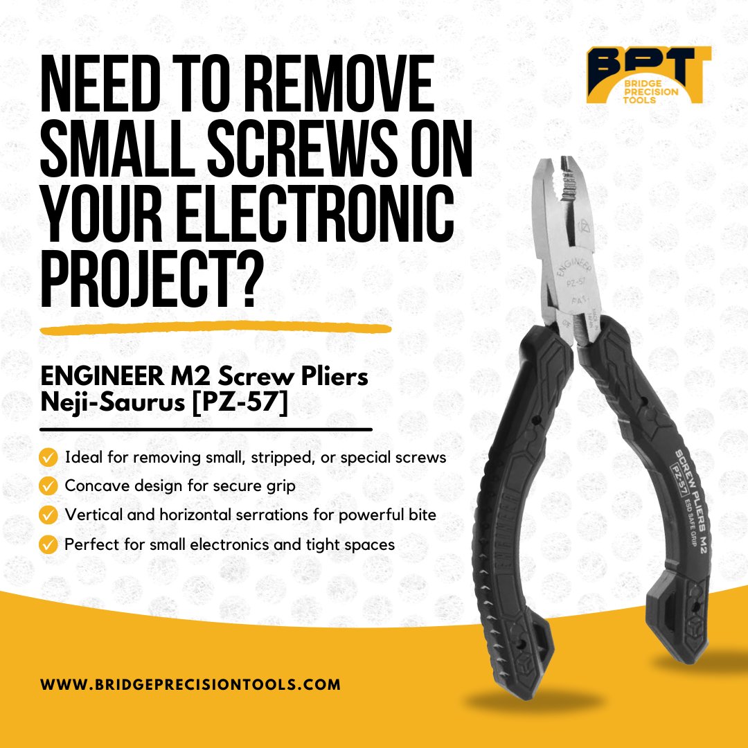 BridgePrecision's tweet photo. Engineer PZ-57 Mini Screw Removal Pliers – ESD Safe
https://t.co/nCVwYbW8a4
They can also be found waiting for you on our Amazon storefront: https://t.co/1N4vqVBt8F

#tools #minitools #electronics #electronicsrepair #GadgetRepair #AuthorizedReseller #qualitytool #usa #madeinjapan https://t.co/tuJZ0cryi7