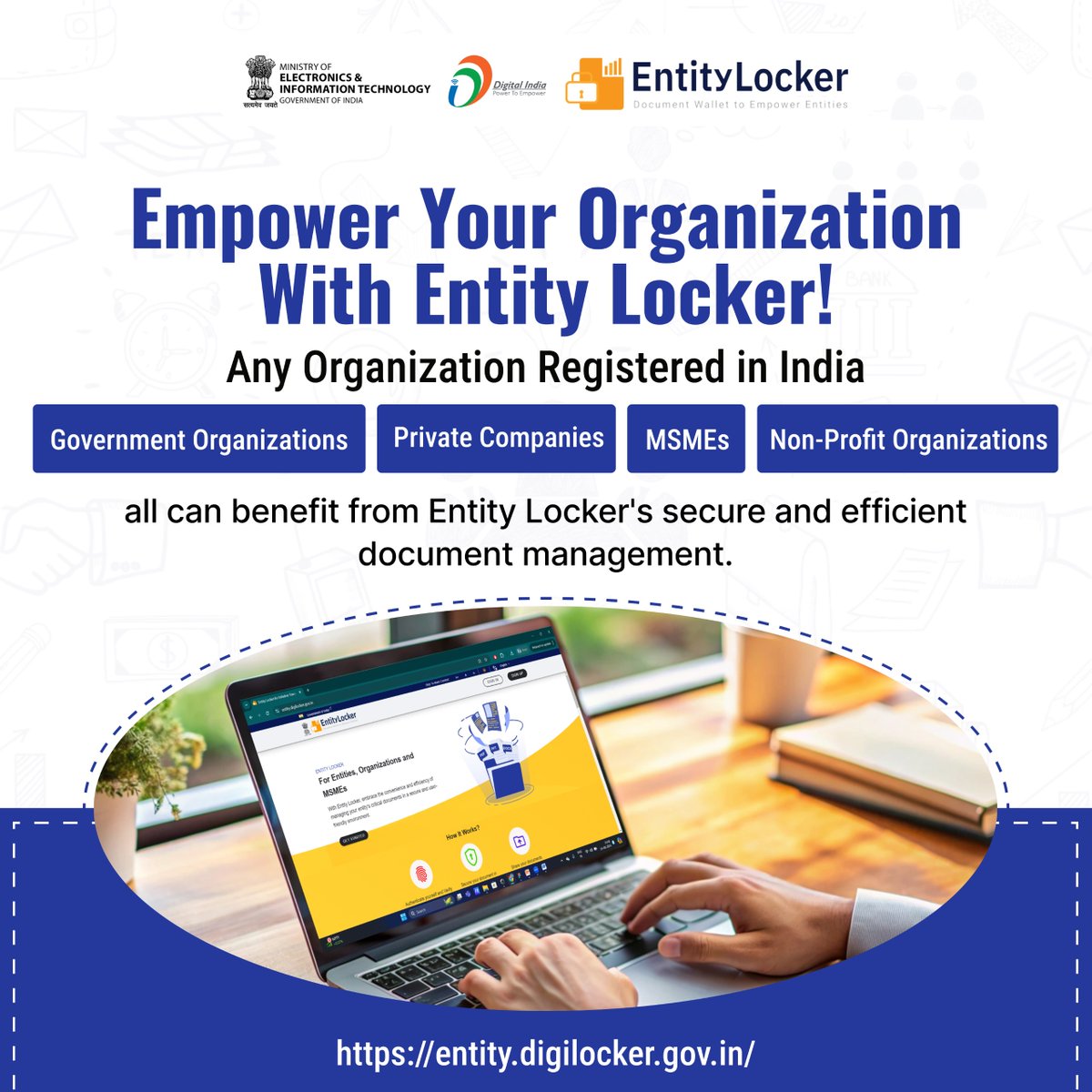 digilocker_ind's tweet image. Exciting News! Government Organizations, Private Companies, MSMEs, and Non-Profit Organizations registered in India can now elevate their document management with #EntityLocker. Simplify your processes and secure your documents effortlessly. Sign up now: entity.digilocker.gov.in