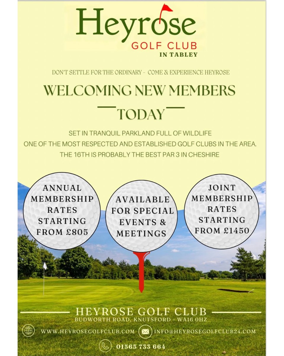 HeyroseGC's tweet photo. We are welcoming new members, if you are interested please contact the club.
01565 733664
#golfengland #golf #golfopen #golfaddict #golfcheshire #Golf #twilightgolf https://t.co/lihrWvbz2C