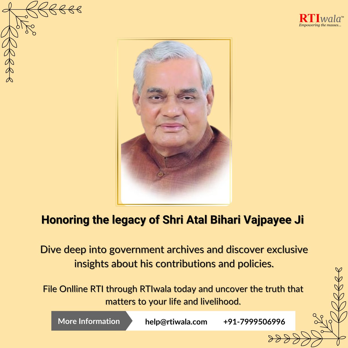 rtiwalaofficial's tweet image. 1/5 📝 Unlock Hidden Insights on #AtalBihariVajpayeeJi&apos;s Legacy!

Did you know?

You can access unique government records, data &amp;amp; official communications related to Shri Atal Bihari Vajpayee Ji&apos;s impactful decisions that shaped our nation!

@MEAIndia  
#RTIwala अटल बिहारी वाजपेयी