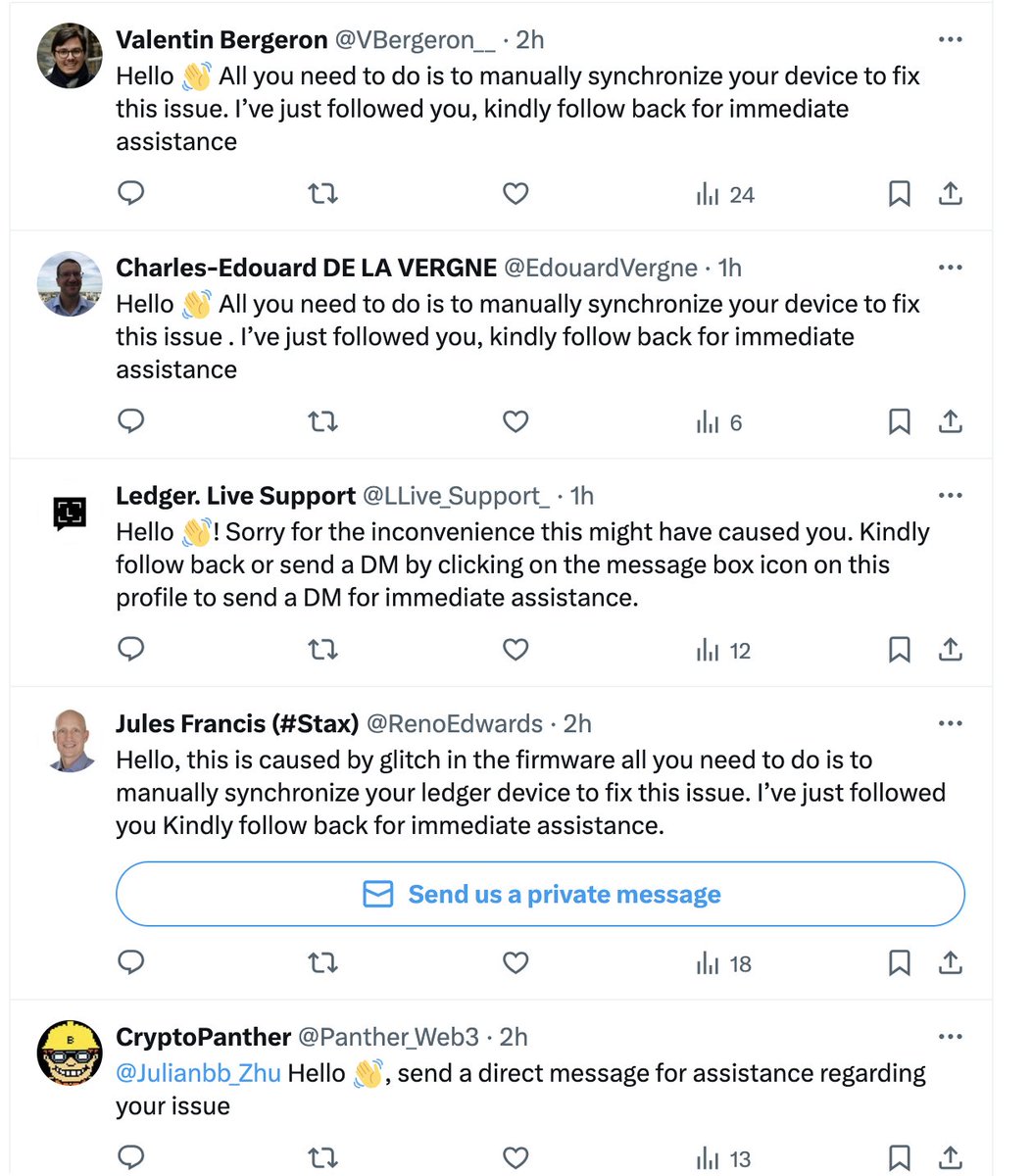 币圈有多险恶，今天刚到了ledger的新品flex，体验发现不支持sui  stark aptos这样的网络，就跑到官方账号下抱怨了一下，然后就收到各种骗子的“好心帮助”，关键是不少账号无论从粉丝量、还是内容来看伪装的还挺像官方人员