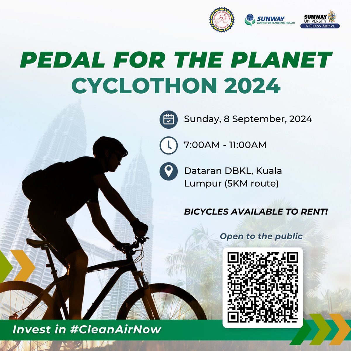 SunwayCPH's tweet photo. Let’s celebrate the International Day of Clean Air for Blue Skies by cycling through the streets of Kuala Lumpur and raising awareness about the importance of #CleanAirNow! 🚴🏻
🔗: https://t.co/tmvlQQXZOb
#CyclothonKL #SunwayCPH #SunwayUniversity #CleanAirNow #PBKL https://t.co/H3H2tVMrh6