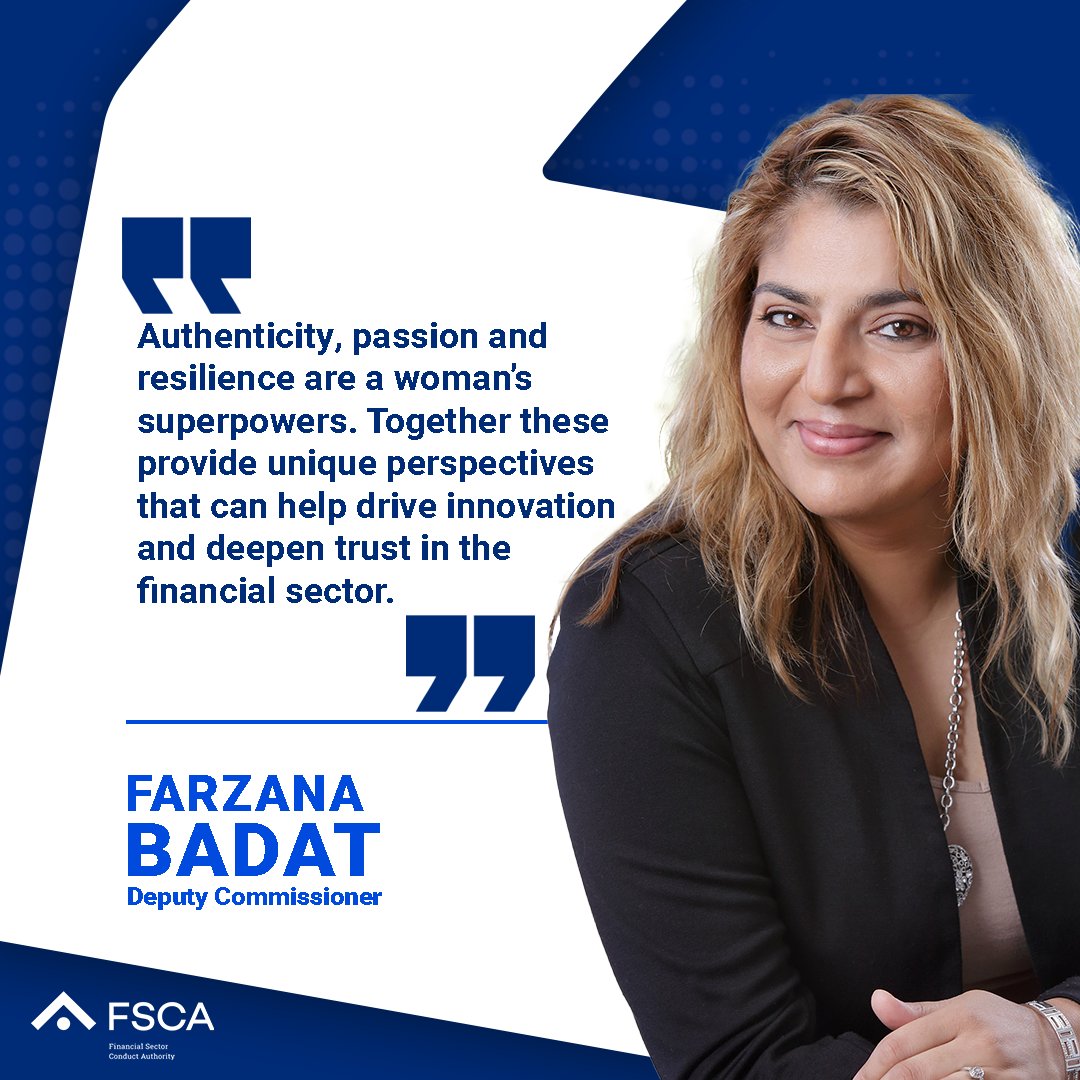 fscasouthafrica's tweet image. Meet Farzana Badat, Deputy Commissioner at the FSCA, an inspiration for women in finance. Her authentic leadership helps drive positive change and shape the future of financial sector resilience. We celebrate her during this #WomensMonth #Leadership #FinancialSector #FSCA