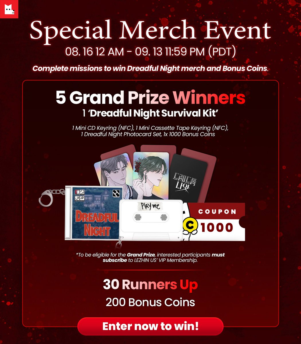 LezhinComics_US's tweet photo. 🎁Merch Giveaway Alert 🎁
Survive the night to win exclusive 𝗗𝗿𝗲𝗮𝗱𝗳𝘂𝗹 𝗡𝗶𝗴𝗵𝘁 𝗠𝗲𝗿𝗰𝗵 &amp; 𝗙𝗥𝗘𝗘 𝗖��𝗶𝗻𝘀!
📅08/16 12AM PDT ~ 09/13 11:59PM PDT
📢 Sep 2024 (via 📩)
Enter now! ➡️ https://t.co/UMZXT203h0 

#Rewind #DreadfulNight #LezhinComics #LezhinUS #blcomics https://t.co/4bYLnwlDN6
