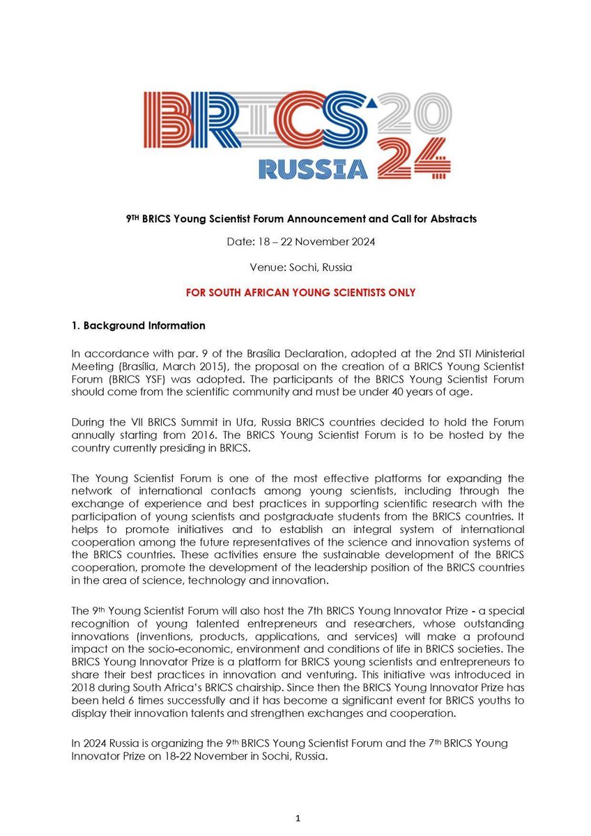 9TH BRICS Young Scientist Forum Announcement and Call for Abstracts

To learn more, visit the Assaf website: buff.ly/4djB6Fd
@dsigovza <a href="/NRF_News/">National Research Foundation of South Africa</a> <a href="/CSIR/">CSIR 🇿🇦</a>