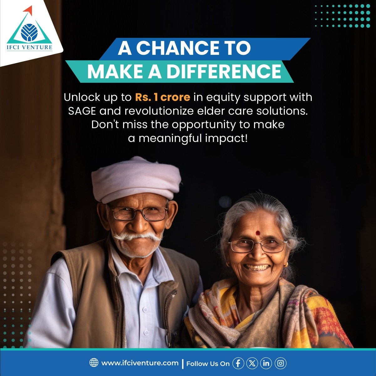 Here's your chance to create a meaningful impact. With up to ₹1 crore in equity support, your vision can be powered to change lives and revolutionize the elder care industry!

#SAGE #IFCIVCF #GovernmentFunds #startupindia