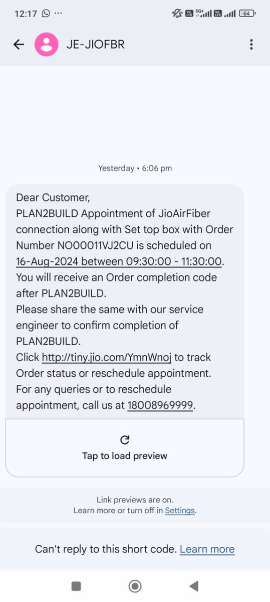 hiranvm's tweet photo. @JioCare 
Order ID: NO00011VJ2CU. Installation was promised today between 9.30 to 11.30. But noone has come, despite of multiple escalations, calls, tweet. Such a poor customer experience after paying 3 months in advance.
https://t.co/YGBa4W4r5y. https://t.co/F93S0dTLSe