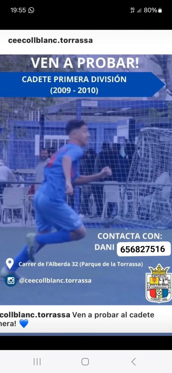 Collblanc Torrassa (club de Hospitalet de Llobregat) busca jugadores para su equipo CADETE de PRIMERA DIVISIÓN FCF 
INTERESADOS CONTACTAR POR PRIVADO 
INICIO ENTRENOS LUNES 26 DE AGOSTO