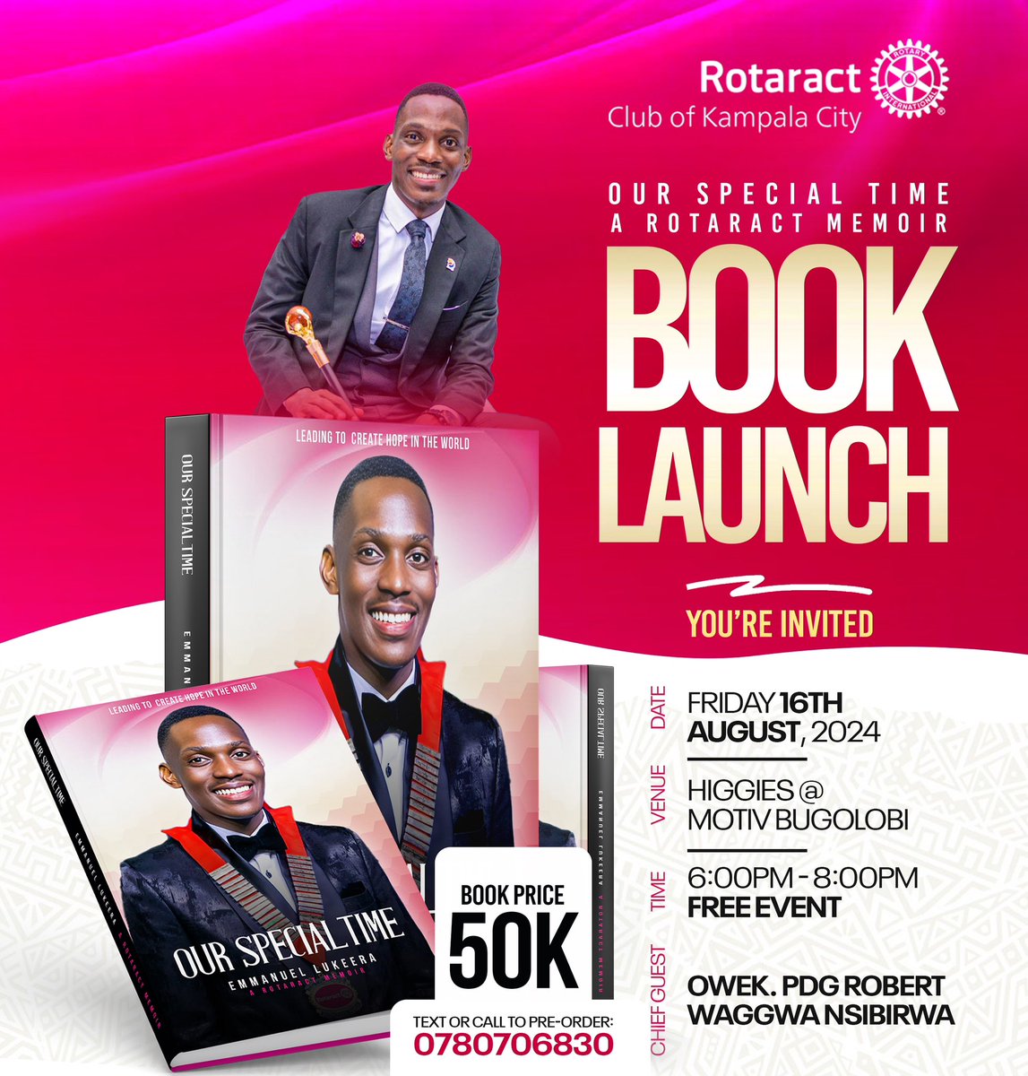 This evening, we will launch my Book; Our Special Time. 
The Foreword is by Owek. PDG <a href="/BobNsibirwa/">Owekitiibwa Robert Waggwa Nsibirwa</a> with written contributions from <a href="/ssenda_/">Jakob Ssendawula</a>  , <a href="/iamnyabwana/">Noah Nyabwana</a> <a href="/luyimbazi_/">Luyimbazi Nicholas Humphrey</a> ‘ <a href="/_empangare/">Kaine Eunia💞</a> , <a href="/MuhangiJim/">Jim Muhangi B</a> , <a href="/NantabyaN/">Nantabya Abdul Nasser</a>, <a href="/patienceasiimwe/">Payshence</a> &amp; <a href="/kabderrick/">Derek Kabuye</a> 

You’re invited to join us.