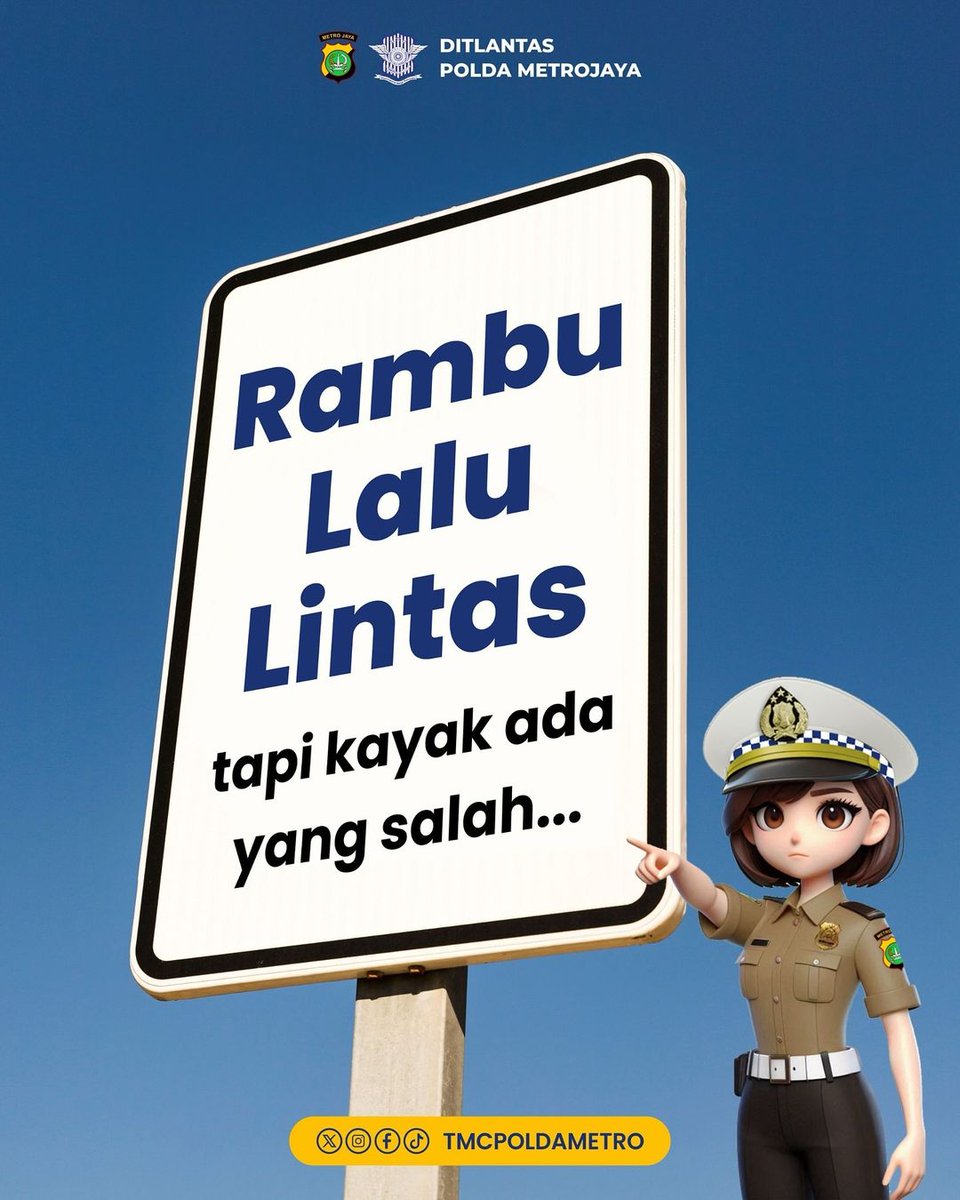 TMCPoldaMetro's tweet photo. Kayak ada yang salah, tapi apa ya? π€
Pernah nemuin rambu kayak gini juga nggak Sobat Lantas? Apa tulisannya?
#tmcpoldametrojaya #rambu #rambulalulintas https://t.co/NXw9U2Vlwp