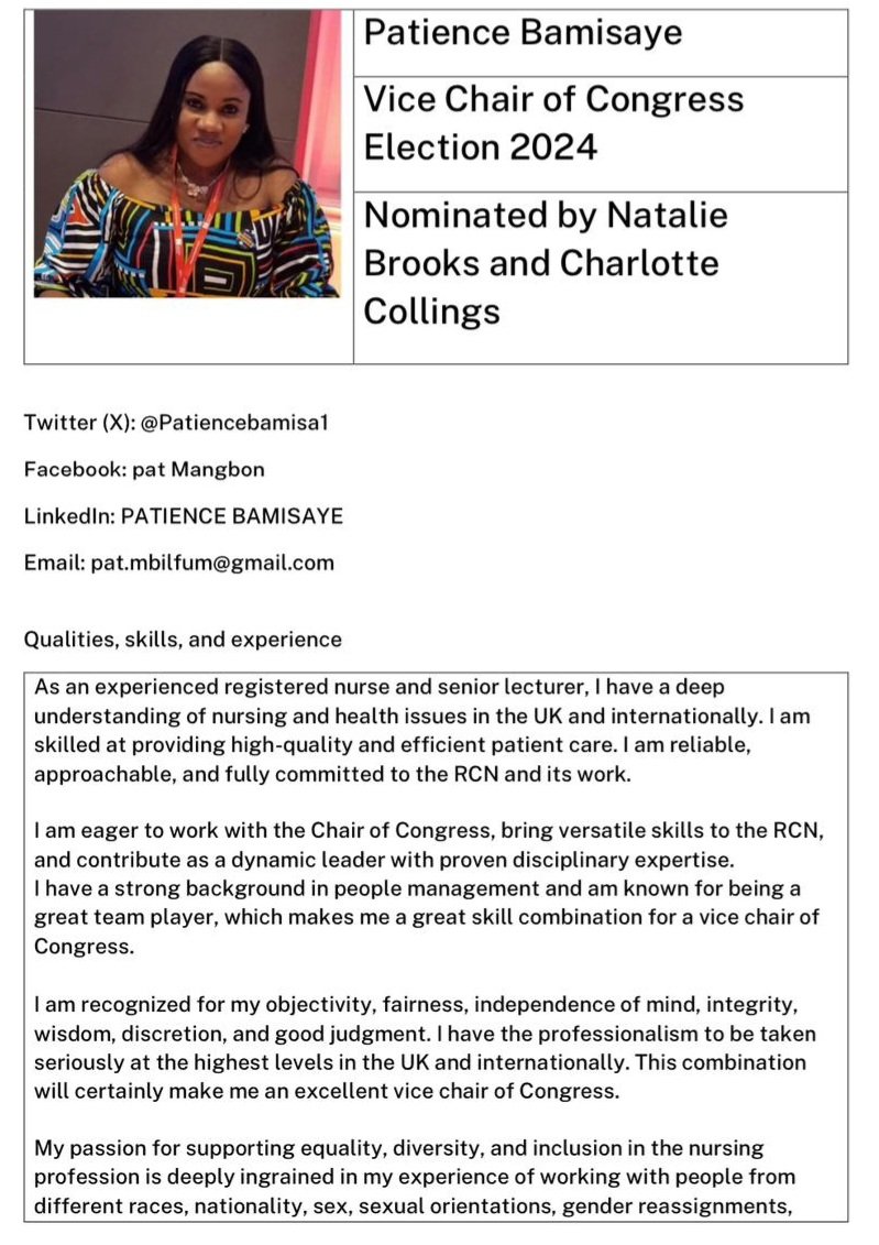 I would like to declare my interest in the RCN vice chair of Congress position.  It's time for change, and the election happens on the 2nd September 2024. Thank you for supporting me on this.