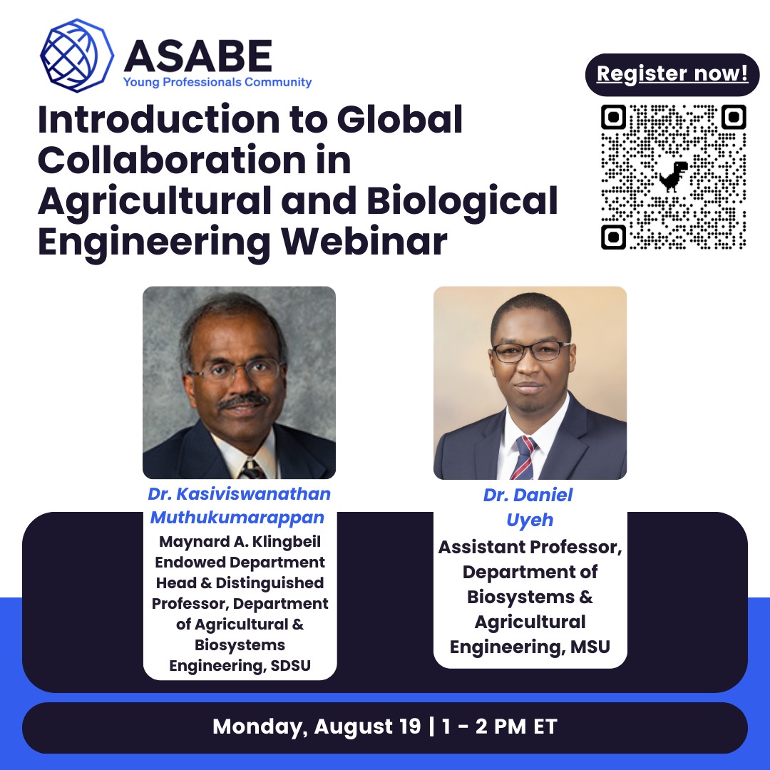 CLIMDES's tweet photo. We are pleased to announce that our Principal Investigator, Dr. Daniel Uyeh, alongside Dr. Kasiviswanathan Muthukumarappan will be leading the upcoming ASABE YPC webinar. 

Please use the embedded QR code to register and confirm your attendance.

#ASABEYPC #ASABE #engineering https://t.co/jaDcfjNQFn