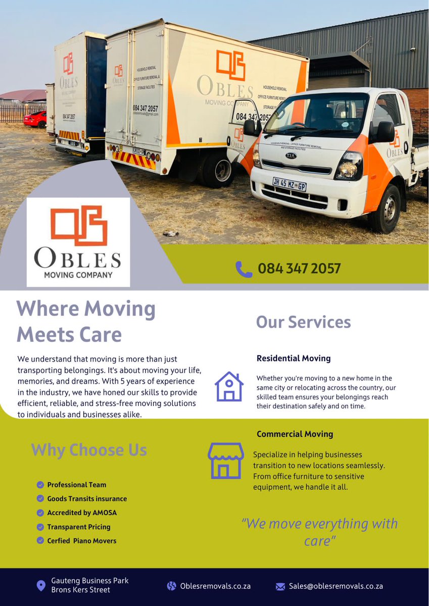 KasiEconomy's tweet photo. Since 2019, OBLES Moving Company has grown from a single truck to a reliable fleet, helping you move your life, memories, and dreams. With 5 years of experience, their professional team ensures stress-free, efficient, and caring service.

📞 Call them today on: 084 347 2057
Email:sales@oblesremovals.co.za

#MovingCompany #ReliableService #StressFreeMoving 

---
