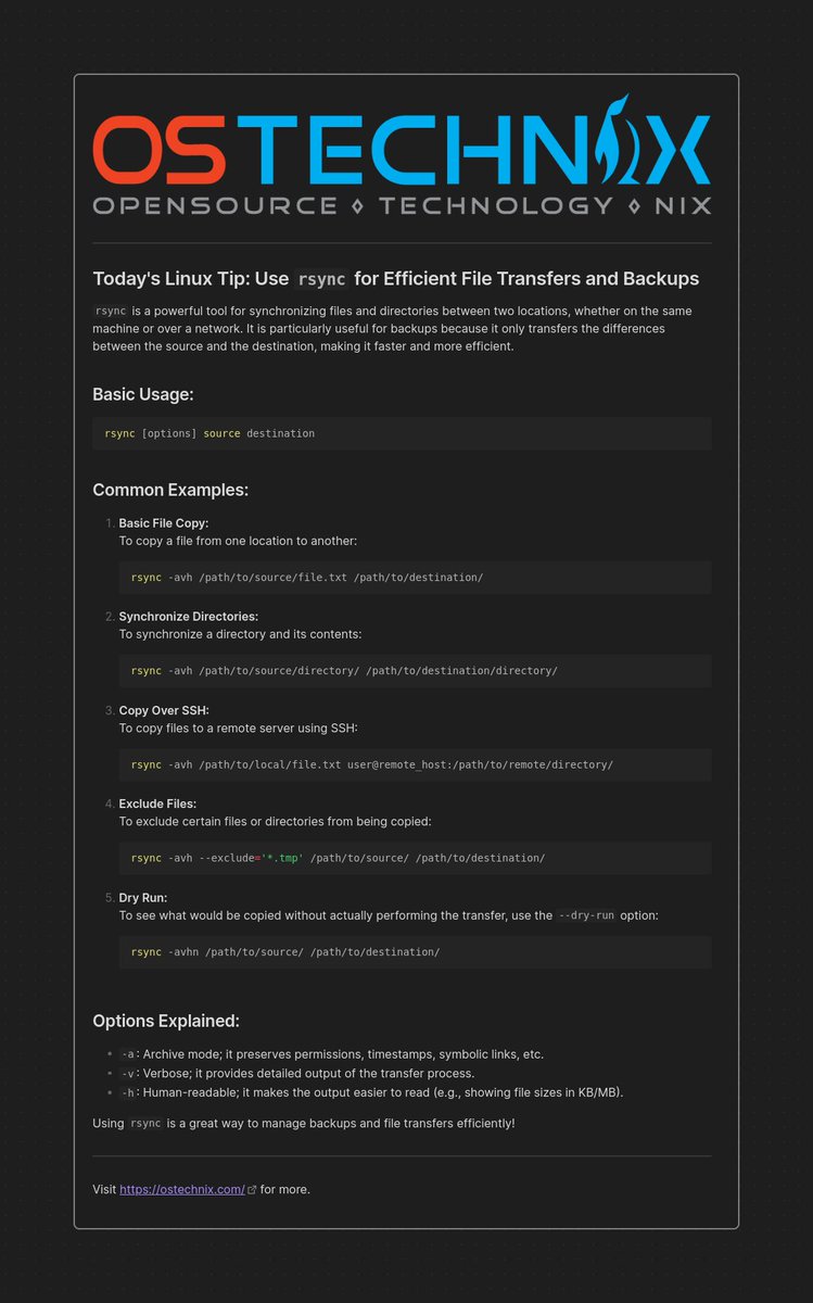 ostechnix's tweet image. Today&apos;s Linux Tip: Use rsync for Efficient File Transfers and Backups #Rsync #Backup #Linux #Linuxcommands