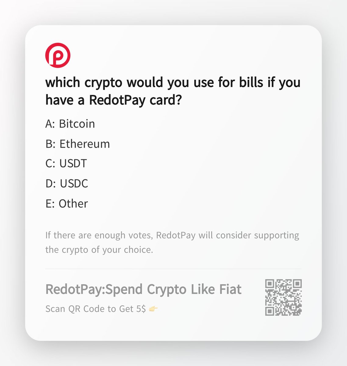 RedotPay's tweet photo. What’s your choice? 🚀 Follow @RedotPay and quote this post for a chance to win! 💳✨
1 lucky winner gets a FREE physical card, and 10 users will each receive a FREE virtual card!
Winners announced next Monday! Let’s hear your thoughts! 👇 #RedotPay #cryptocard #CryptoChoice https://t.co/8YDmhGzyCU