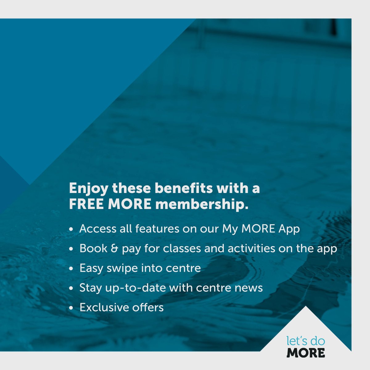 Become a MORE member for free! Our MORE membership is for those who prefer to pay-as-you-go! 

Sign up online via our membership page, simply scroll to the bottom for the MORE membership option or sign up in centre.