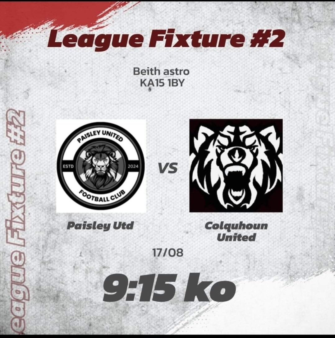 Next up we have Paisley United AFC in second league fixture in <a href="/OfficialSMAFA/">SMAFA</a> Division 1.

Early start for the boys as both teams look to build some early season form.

Mon the Houn 🔴 ⚫️ 🔴