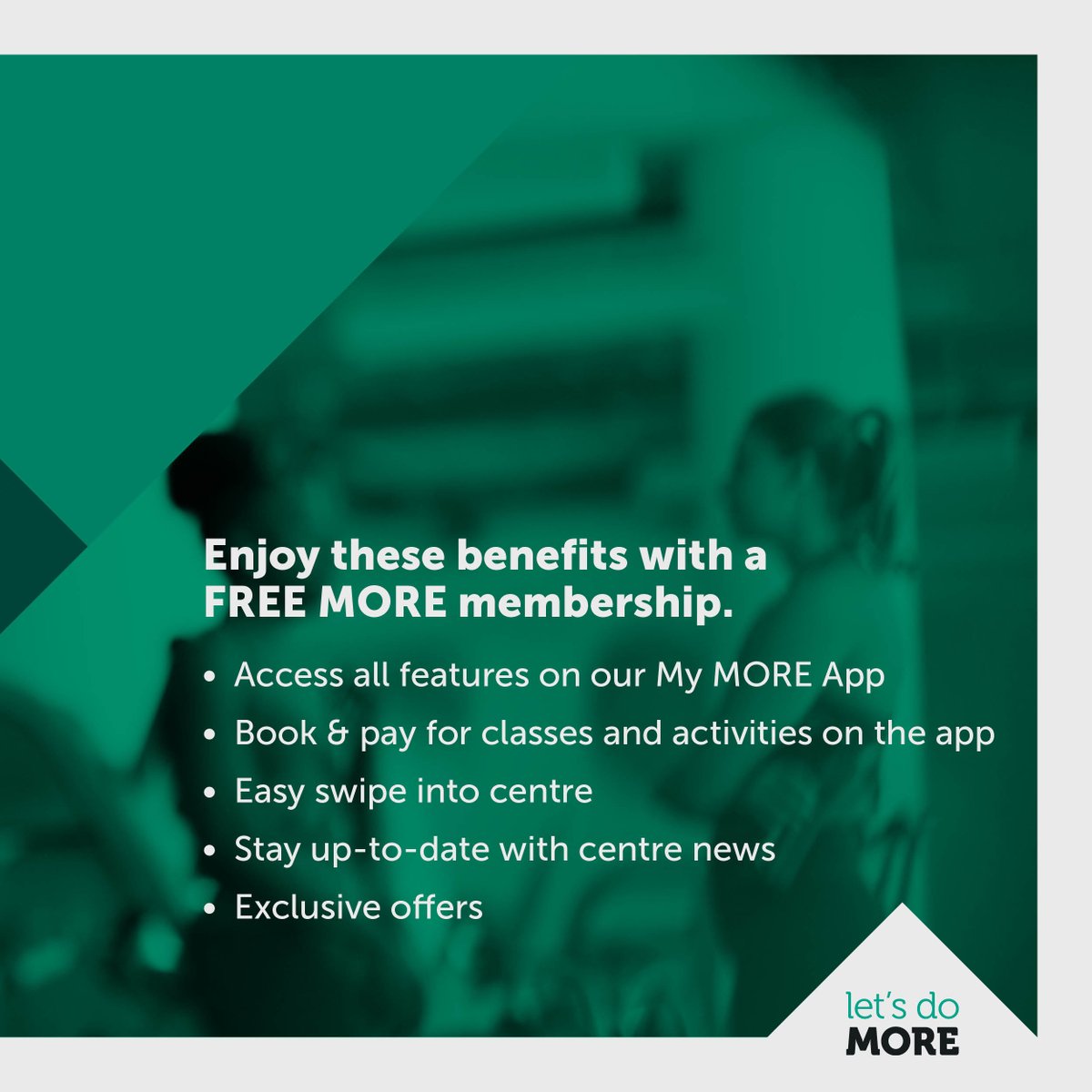 Become a MORE member for free! Our MORE membership is for those who prefer to pay-as-you-go! 

Sign up online via our membership page, simply scroll to the bottom for the MORE membership option or sign up in centre.

#MOREFitness #LetsDoMore