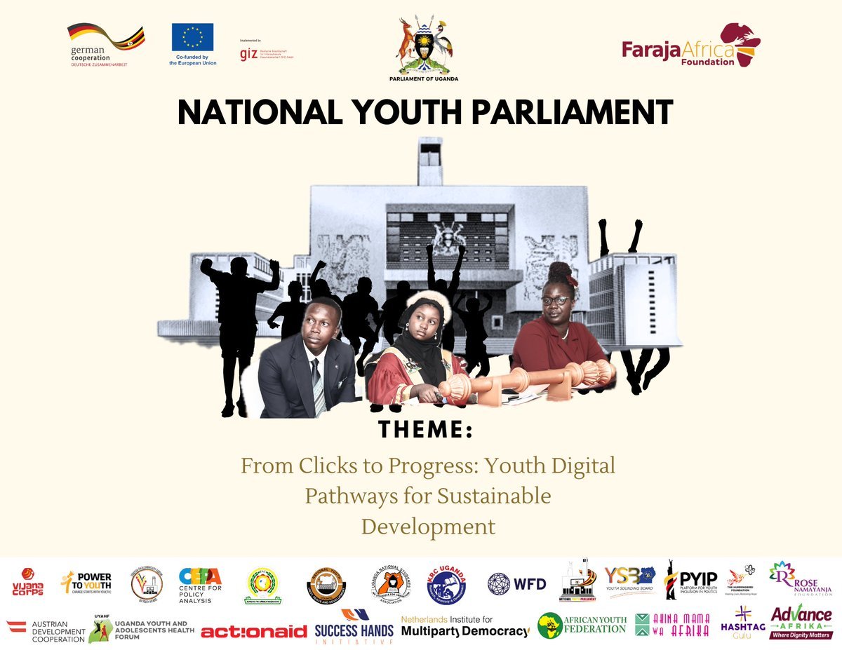 karothk256's tweet photo. Happening now is the 7th SITTING OF THE NATIONAL YOUTH PARLIAMENT at Royal Suits Bugolobi.

Theme : 

“From Clicks to Progress: Youth Digital Pathways for Sustainable Development.”

MOTIONS;

1. SEEKING GOVERNMENT TO FACILITATE YOUTH ACCESS TO STARTUP FINANCING.

2. URGING THE GOVERNMENT TO REVIEW UGANDA’S LEGAL AND POLICY FRAMEWORK TO ENSURE BOTH POLITICAL AND FINANCIAL ACCOUNTABILITY. 

3. SEEKING GOVERNMENT TO PRIOTISE ELECTORAL REFORMS TO CREATE A MORE CONDUSIVE AND FAIR ENVIRONMENT FOR YOUTH MEANINGFUL PARTICIPATION IN DEMOCRATIC ELECTIONS.  
#YouthParliamentUG

@Parliament_Ug @EUinUG @CUSP_Uganda 
@giz_uganda @NYPUganda @actionaiduganda @KRCUganda @AdvanceAfrika01 @AgendaGenius
@Vijanacorps @HashtagGulu
@youthwestnile   @uyahf1