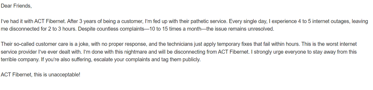 nanthakumarisha's tweet image. Fed up with ACT Fibernet's awful service. Daily outages, useless fixes, and terrible customer care. I'm disconnecting and warning everyone: avoid this nightmare! ACT🤬😡, fix it! #ACTFibernet #BadService #tamil_nadu #actfiber #ACT @ACTFibernet @ACTFibernetHYD