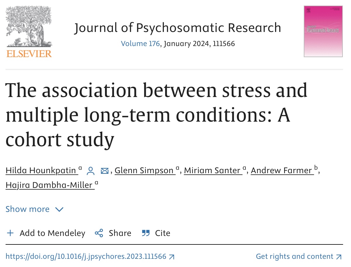This prospective cohort study shows that higher stress levels (operationalized via hair cortisol concentration) are associated higher risk of multiple long-term conditions (MLTC).  N=4295, Follow-up of 6 years.

First study showing the hair cortisol can be used as  a stress