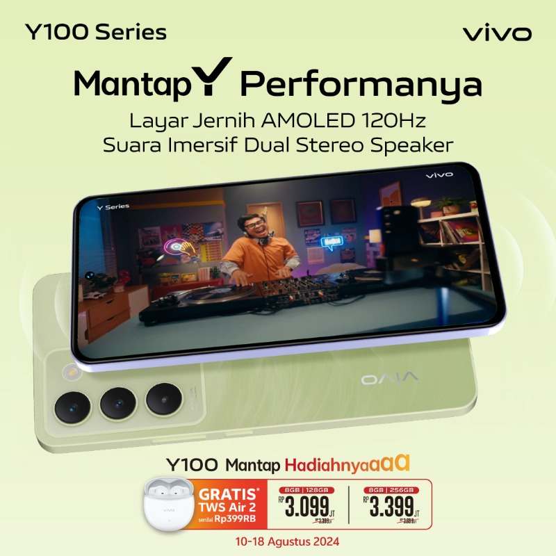 vivo_indonesia's tweet photo. Buat kamu yang hobi nonton streaming merapat! 👀

Auto betah nonton seharian pakai #vivoY100 karena layarnya sudah AMOLED 120Hz + Dual Stereo Speaker.

Yuk, beli sekarang, nikmati #MerdekaPromo, kamu berkesempatan dapat vivo TWS Air2 GRATIS!